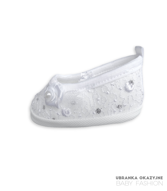 Balerinki Białe dla niemowlaka do chrztu z cekinami