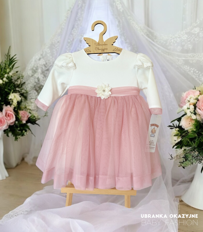 Sukienka do chrztu Roxane Ecru-różowa