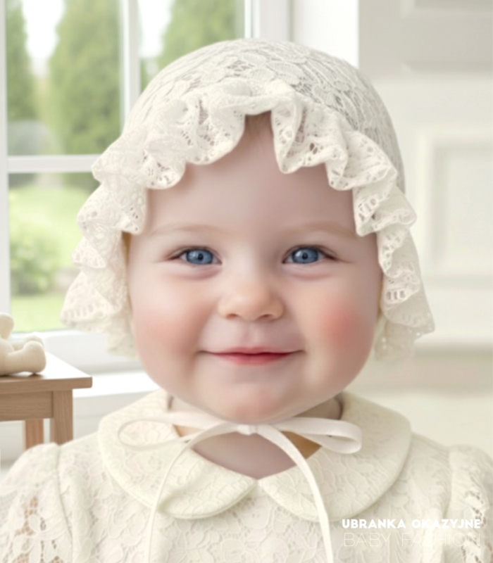 Ecru koronkowa czapka bonetka